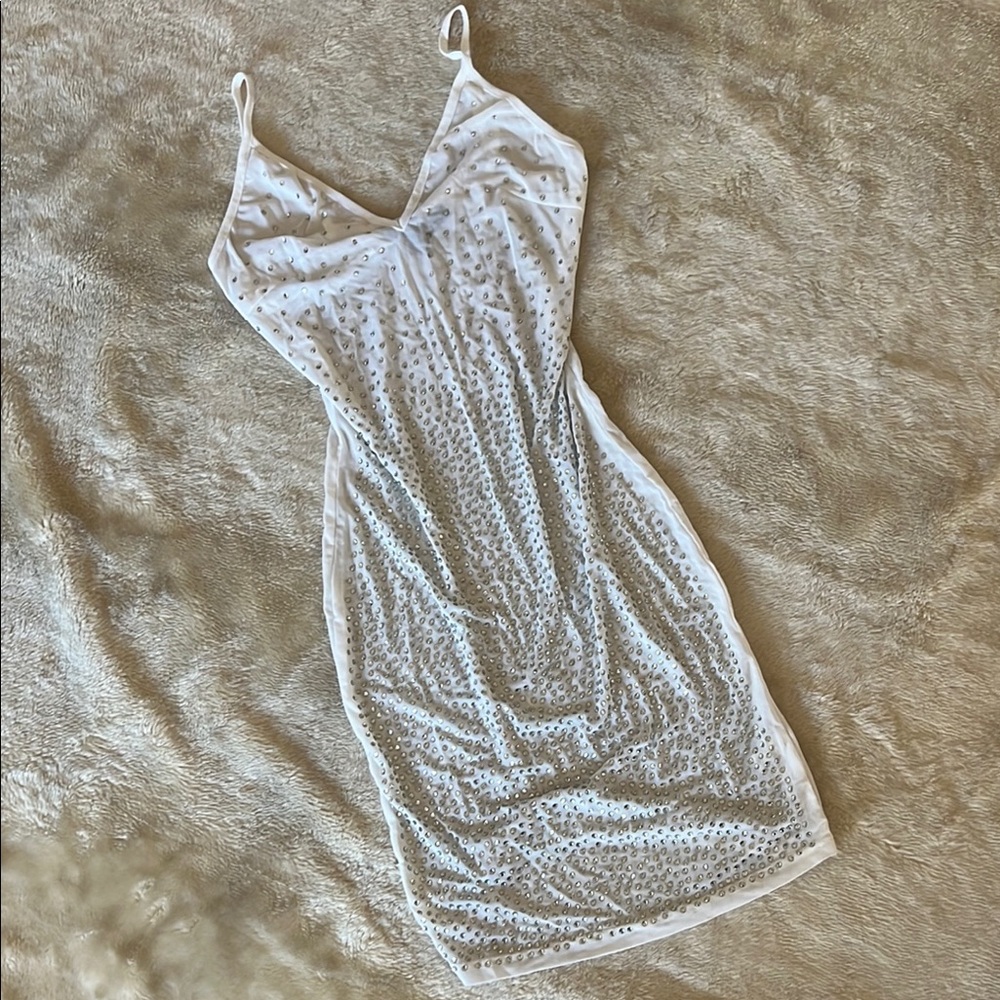 Sexy White Mesh Dress with Rhinestones